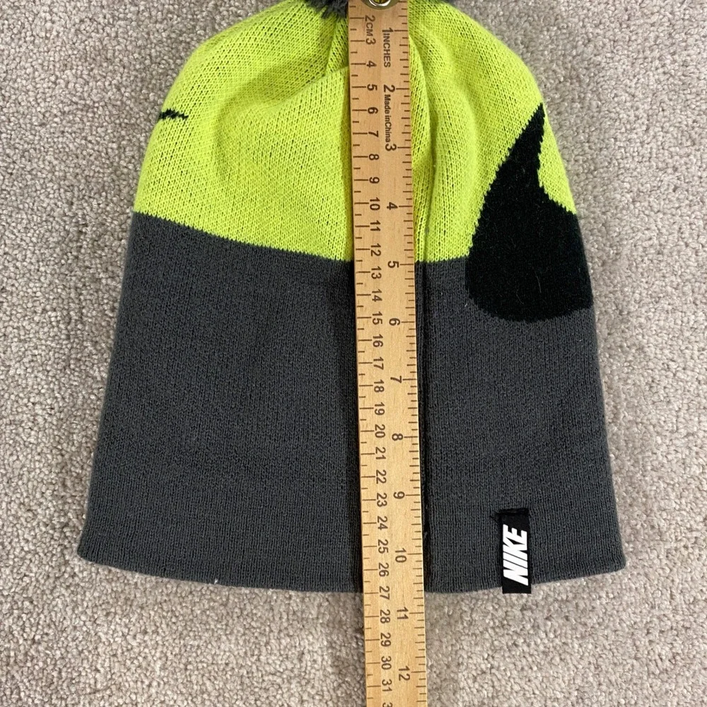 Nike Beanie Hat Youth Boys One Size Grey Neon Green Pom Pom Swoosh
